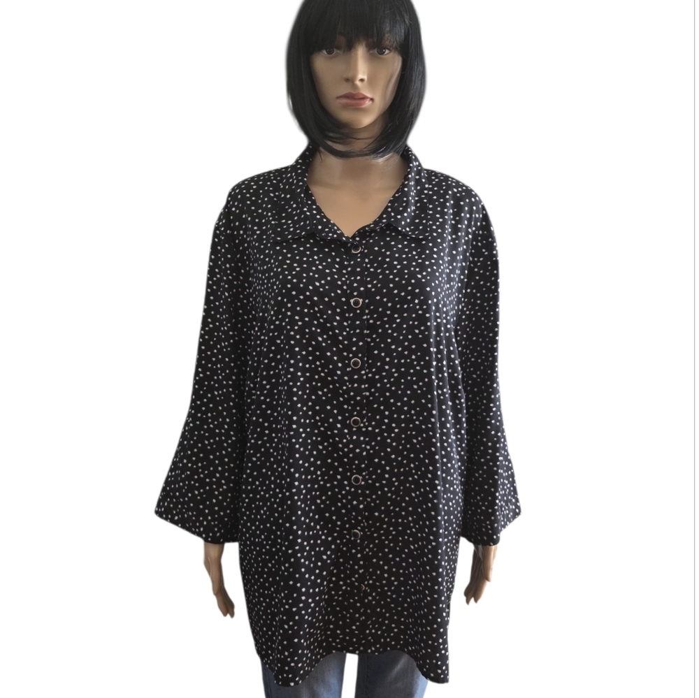 Claire France Black With White Dot Button Shirt With Ajustable Sleeve, Size 24 - Picture 2 of 13